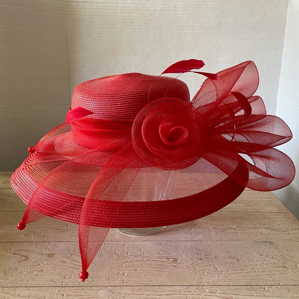 Scala Red Dress Hat with Floral Mesh Accent